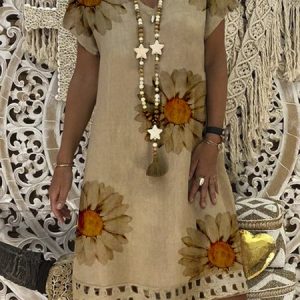 Khaki Cotton Printed V Neck Casual Dress, Midi Dresses, Roselinlin - Online Catalog