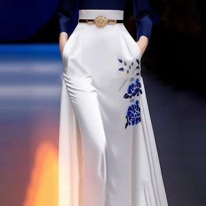 Elegant Regular Fit Floral Maxi Skirt, Skirts, color:White|size:XXL, Stylewe