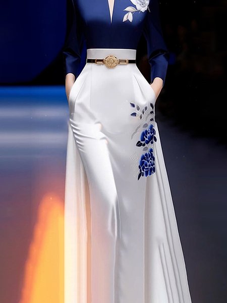 Elegant Regular Fit Floral Maxi Skirt, Skirts, color:White|size:XXL, Stylewe