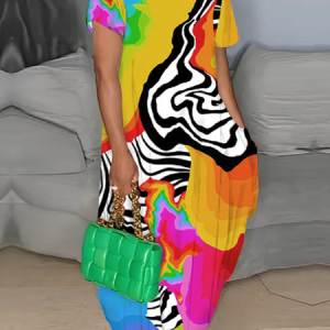 Plus Size Medium Elasticity Vacation Random Print Crew Neck Loose Maxi Dress, Plus Dresses, color:As Picture|size:4X, Stylewe