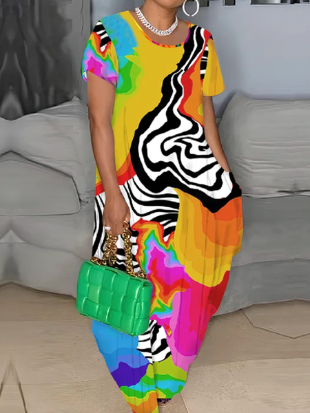 Plus Size Medium Elasticity Vacation Random Print Crew Neck Loose Maxi Dress, Plus Dresses, color:As Picture|size:4X, Stylewe