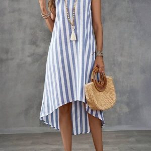 Striped Crew Neck Vacation Cotton Dress With No, Midi Dresses, Roselinlin - Online Catalog