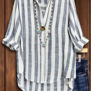 Striped Loose Half Open Collar Casual Blouse, Blouses & Shirts, Roselinlin - Online Catalog
