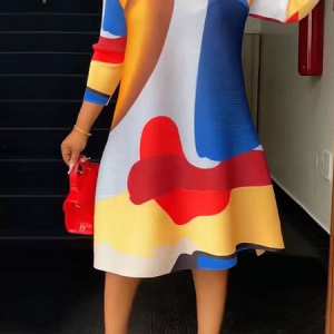 Crew Neck Three Quarter Sleeve Urban Loose Abstract Short Dress, Mini Dresses, color:As Picture|size:XXL, Stylewe