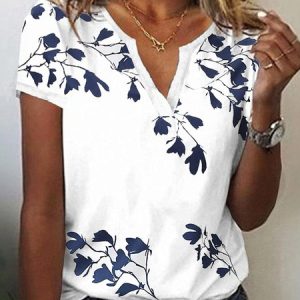 Women Floral Notched Casual Short Sleeve T-shirt, Tees & T-shirts, Roselinlin - Online Catalog