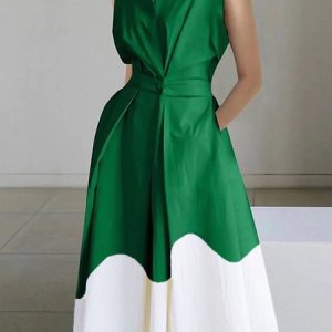Color Block Casual Regular Fit Sleeveless Shirt Dress, Midi Dresses, color:Green|size:XXL, Stylewe