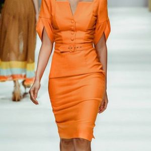 Plain Tight Urban Short Sleeve Dress With Belt, Midi Dresses, color:Orange|size:XXL, Stylewe