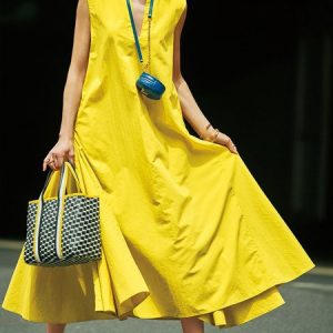 Daily V Neck Loose Casual Plain Sleeveless Dress, Maxi Dresses, color:Yellow|size:XL, Stylewe