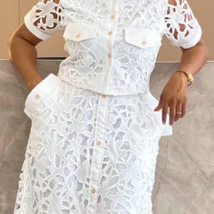 Urban Crew Neck Lace Short Sleeve Blouse, Blouses and Shirts, color:White|size:XXL, Stylewe