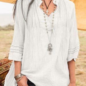 Stand Collar 3/4 Sleeve Solid Cotton Top, Blouses & Shirts, Roselinlin - Online Catalog