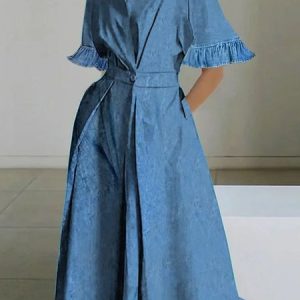 Plain Shirt Collar Urban Pockets Faux Denim Dress, Maxi Dresses, color:Blue|size:XXL, Stylewe