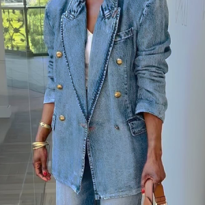 Loose Plain Lapel Collar Long Sleeve Urban Denim Coat, Jackets, color:Denim Blue|size:XXL, Stylewe