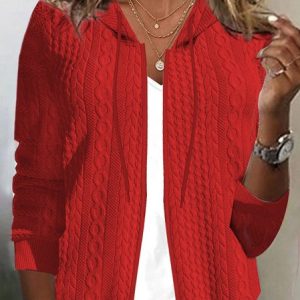 Loose Knit Hooded Jacket in Textured Fabric, JustFashionNow Jackets, color:Red|size:XXL,