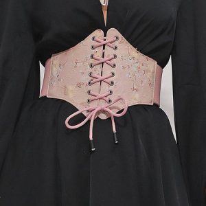 Random Floral Embroidery Lace-up Elastic Wide Girdle, Belts, color:Pink|size:One-size, Stylewe