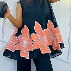 Floral Loose Crew Neck Urban Sleeveless Shirt, Blouses and Shirts, color:Black|size:XXL, Stylewe