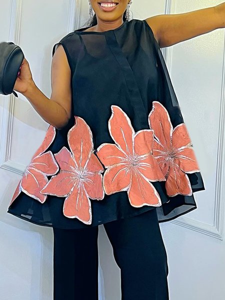 Floral Loose Crew Neck Urban Sleeveless Shirt, Blouses and Shirts, color:Black|size:XXL, Stylewe