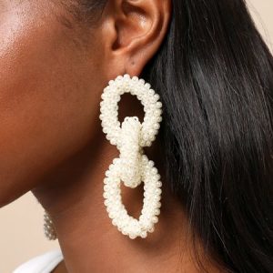 Elegant Imitation Pearl Beaded Chain Drop Earrings, Earrings, color:White|size:One-size, Stylewe