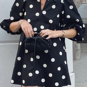 Loose Urban Half Sleeve Polka Dots Shirt Collar Dress, Mini Dresses, color:Black|size:L, Stylewe