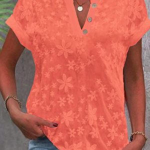 V Neck Short Sleeve Plain Embroidery Regular Loose Shirt For Women, Blouses, color:Orange|size:XXL, catalog Noracora shop