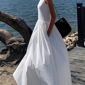 Regular Fit Crew Neck Plain Urban Dress, Maxi Dresses, color:White|size:XL, Stylewe