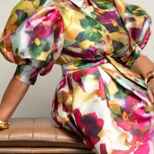 Plus Size Puff Sleeve Floral Urban Shirt Collar Satin Blouse, Plus Tops, color:As Picture|size:4X, Stylewe