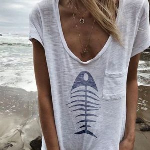 White Floral-Print Short Sleeve Animal Scoop Neckline T-shirt, Tees & T-shirts, Roselinlin - Online Catalog