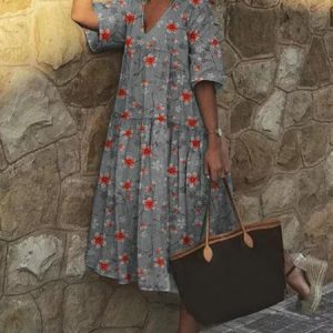 Vintage Women Short Sleeve V Neck Floral Printed Casual Women Dress, Midi Dresses, Roselinlin - Online Catalog