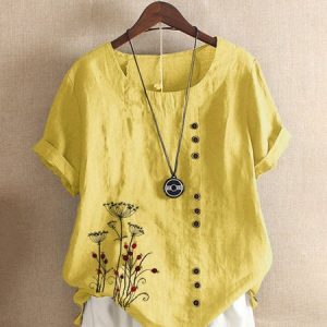 Causal Plus Size Crew Neck Cotton Floral Buttoned Roll Up Short Sleeve Blouse, Blouses & Shirts, Roselinlin - Online Catalog