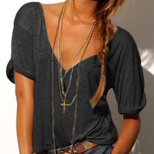 Casual Solid V Neck Top, Tees & T-shirts, Roselinlin - Online Catalog
