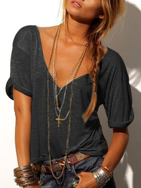Casual Solid V Neck Top, Tees & T-shirts, Roselinlin - Online Catalog
