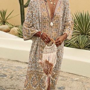 Women Boho V Neck V Neck Three Quarter Sleeve Loose Ethnic Vacation Dress, Midi Dresses, Roselinlin - Online Catalog