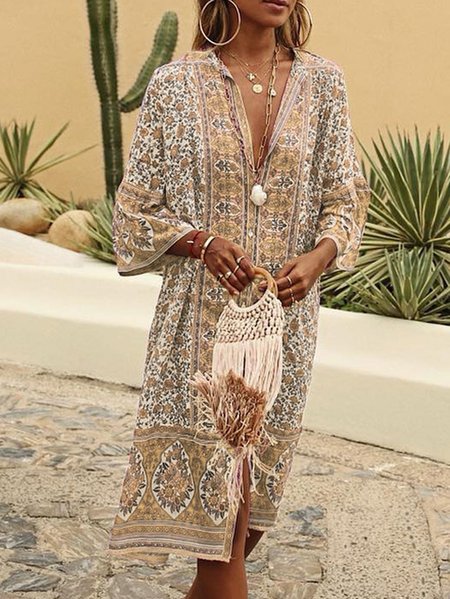 Women Boho V Neck V Neck Three Quarter Sleeve Loose Ethnic Vacation Dress, Midi Dresses, Roselinlin - Online Catalog
