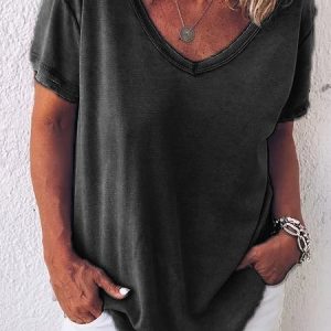 Women Casual Solid Plus Size Loosen V Neck Short Sleeve Summer T-shirt, Tees & T-shirts, Roselinlin - Online Catalog