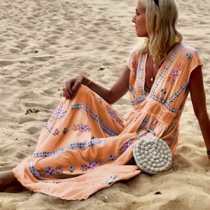 Women Cotton Linen V Neck Boho Short Sleeve Dress, Maxi Dresses, Roselinlin - Online Catalog