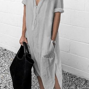 White Women  Shift Date Linen V neck Plain Weaving Dress, Maxi Dresses, Roselinlin - Online Catalog