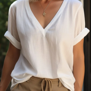 Loose V Neck Plain Casual Blouse, Blouses & Shirts, Roselinlin - Online Catalog