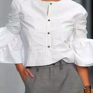 Plain Crew Neck Urban Regular Fit Blouse, Blouses and Shirts, color:White|size:XXL, Stylewe