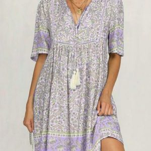 Summer Half Sleeve V-Neck Floral Dress, Midi Dresses, Roselinlin - Online Catalog