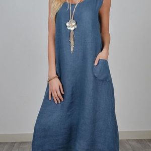 Women Summer Sleeveless Pockets Crew Neck Daily Cotton Plain Linen Dress, Midi Dresses, Roselinlin - Online Catalog