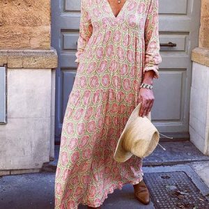 Summer Weaving Dress Long Sleeve Floral Weaving Dress Holiday V Neck Gathered Holiday Weaving Dress, Maxi Dresses, Roselinlin - Online Catalog
