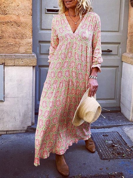 Summer Weaving Dress Long Sleeve Floral Weaving Dress Holiday V Neck Gathered Holiday Weaving Dress, Maxi Dresses, Roselinlin - Online Catalog