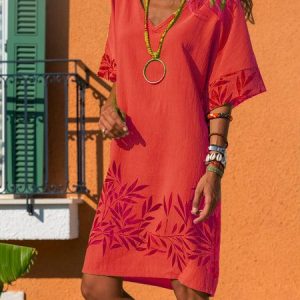Casual Cotton-Blend V Neck Weaving Dress, Midi Dresses, Roselinlin - Online Catalog