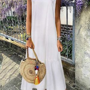 Linen Plain Crew Neck Casual Women Dress, Maxi Dresses, Roselinlin - Online Catalog