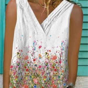 White Casual Floral-Print Floral V Neck Top, Tank Tops & Camis, Roselinlin - Online Catalog