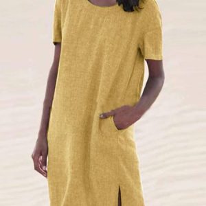 Women Casual Short Sleeve Pockets Daily Crew Neck Cotton Linen Sundress, Midi Dresses, Roselinlin - Online Catalog