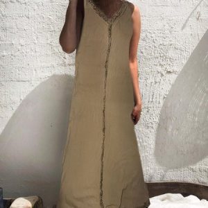 Women Casual V Neck Khaki Summer Sleeveless Breathable Loose Cotton And Linen Dress, Midi Dresses, Roselinlin - Online Catalog