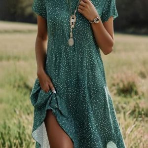 Women Polka Dots Crew Neck Short Sleeve Comfy Casual Midi Dress, Midi, color:Green|size:XXL, catalog Noracora shop
