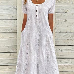 Women's Short Sleeve Summer Plain Buckle Dress Crew Neck Daily Going Out Casual Maxi H-Line, JustFashionNow Dresses, color:White|size:XXL,