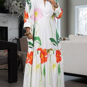 Shirt Collar Vacation Floral Loose Maxi Dress, Maxi Dresses, color:White|size:XXL, Stylewe