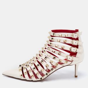 Valentino Off White Patent Leather Rockstud Alcove Ankle Booties Size 37.5, Boots - Luxury Closet catalog